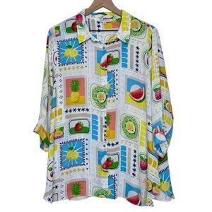 Rose + Olive Tropical Fruit Novelty Print Button Up Chiffon Top Size 1X